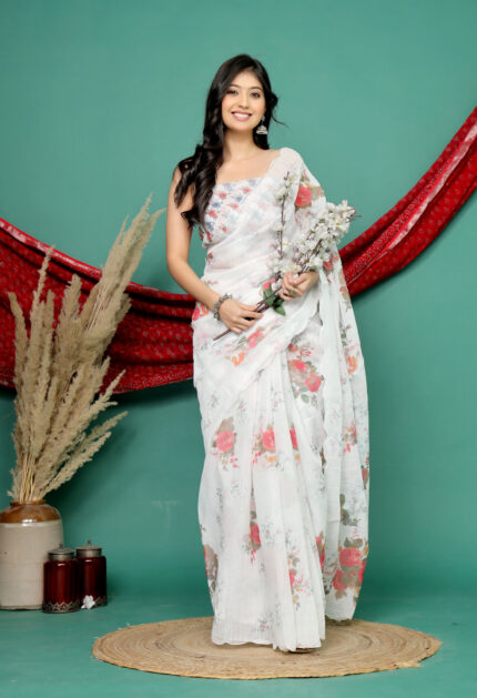 White Cotton Floral  Digital Print with Mirror work Saree