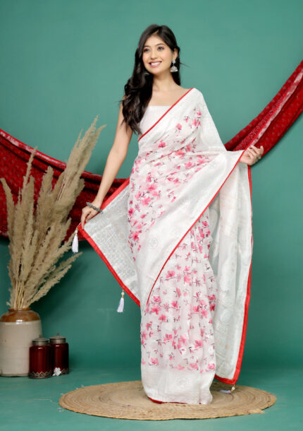White Cotton Pink Flower Digital Print Saree