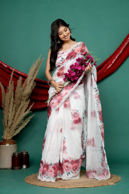 White Cotton Rose Digital Print with Mirror work Saree