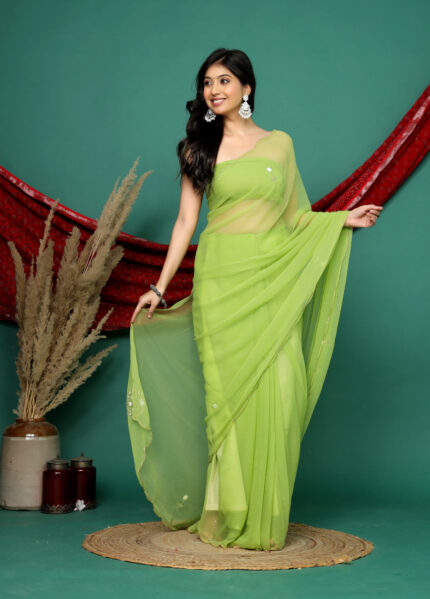 Green Pure Chiffon flower handwork Saree