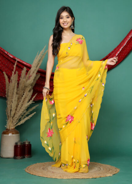 Yellow Pure Chiffon flower hand brush Saree