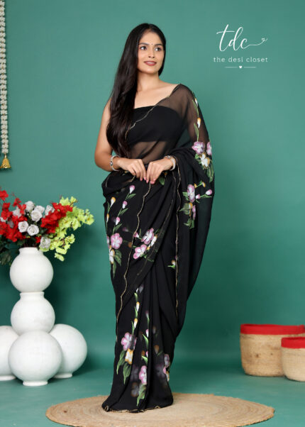Black Pure Georgette flower hand brush with hand work Saree | Light Weight Saree | Black | for women
