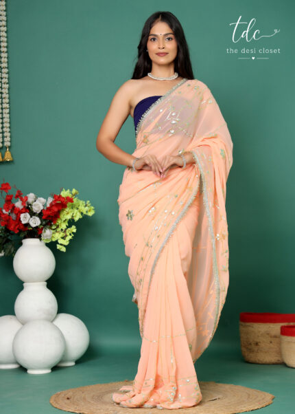 Peach Soft Georgette Saree with Heavy Kachhi Gota Work on Full Saree & Attractive Sequence Lace Border On Full Saree | Kachhi Gota | for women